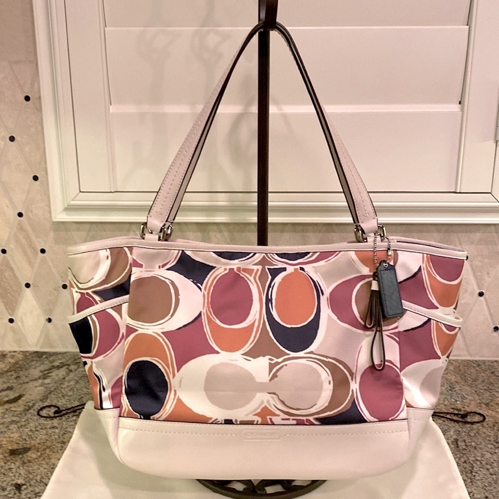 COACH “Scarf Collection” carryall leather & sateen in muted jewel tones. #F23277